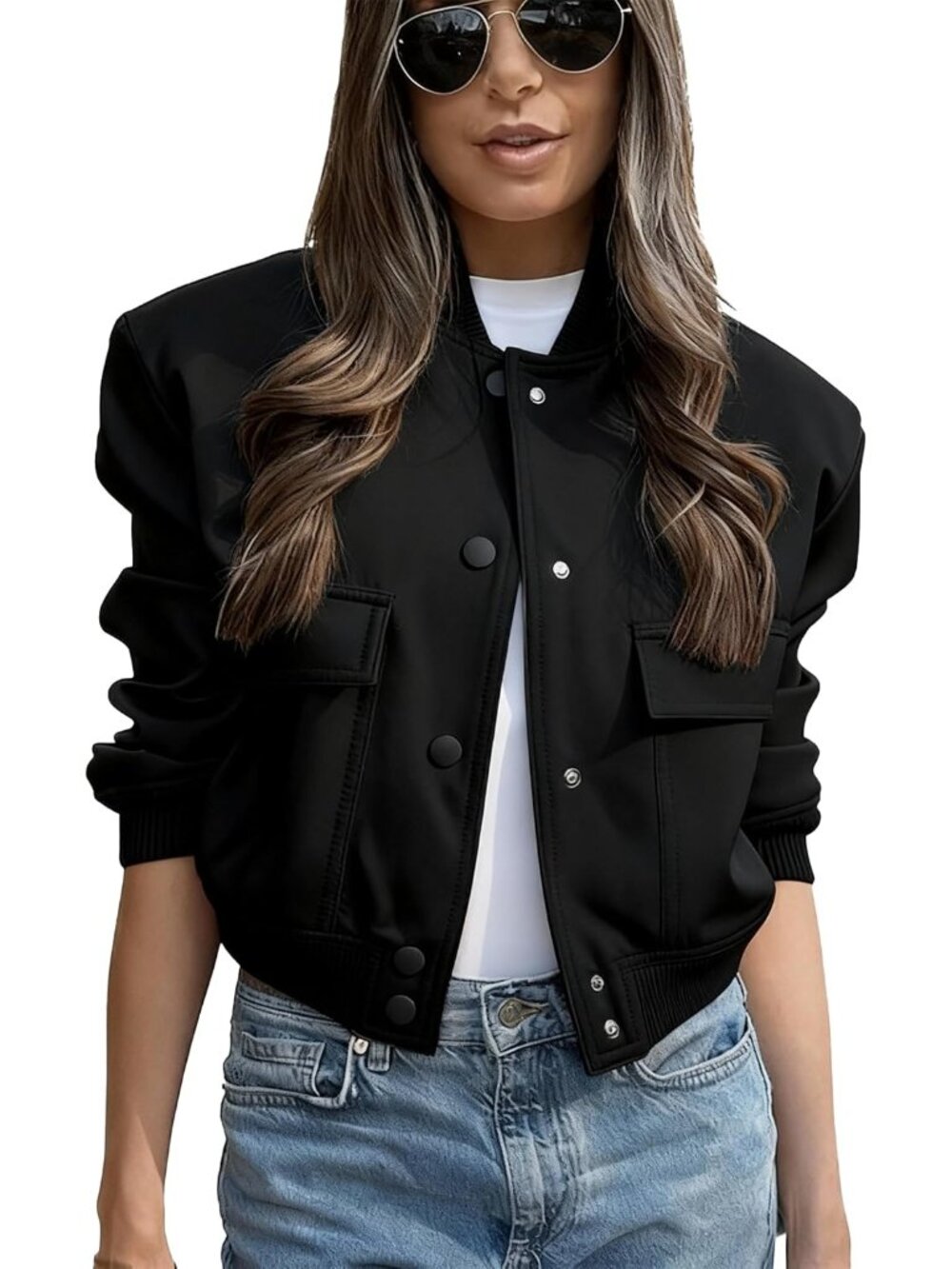 Women's Black Polyester Band Collar Button Elastic Ribbed Cuffs Bomber Jacket